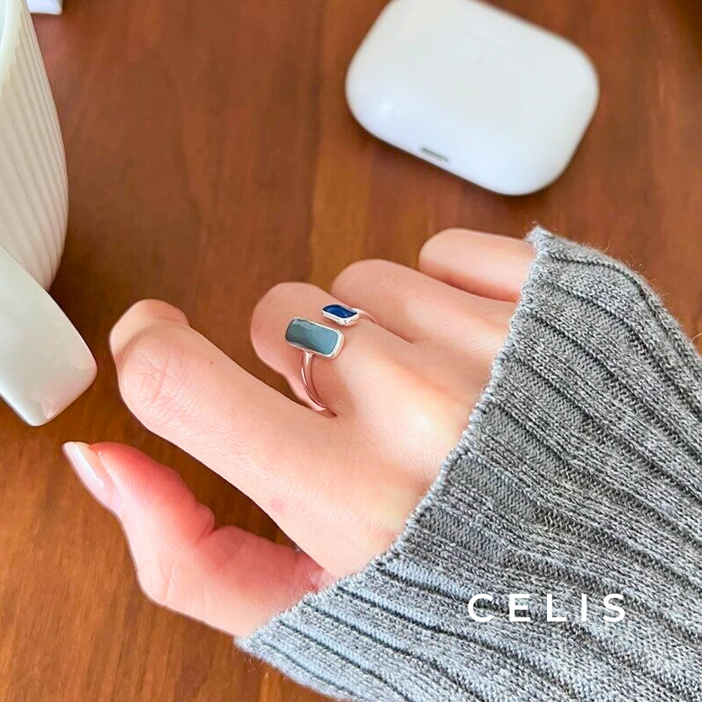 Bicolor Stone Ring Silver