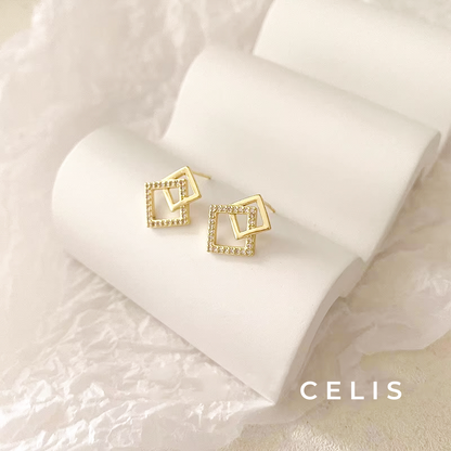 【Limited Item】 Double Square Zirconia Earrings